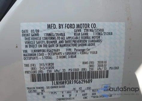 2009 Lincoln Mks из США, поврежденный, VIN 1LNHM93R19G629689